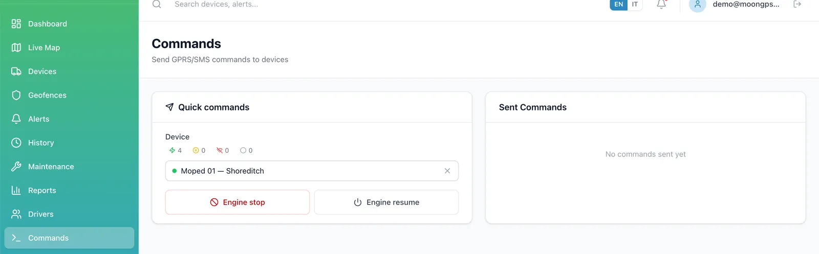 Commands screen in the Moon platform: the quick commands card with Moped 01 — Shoreditch selected and the engine stop and engine resume buttons, next to the log of sent commands and what each device answered.
