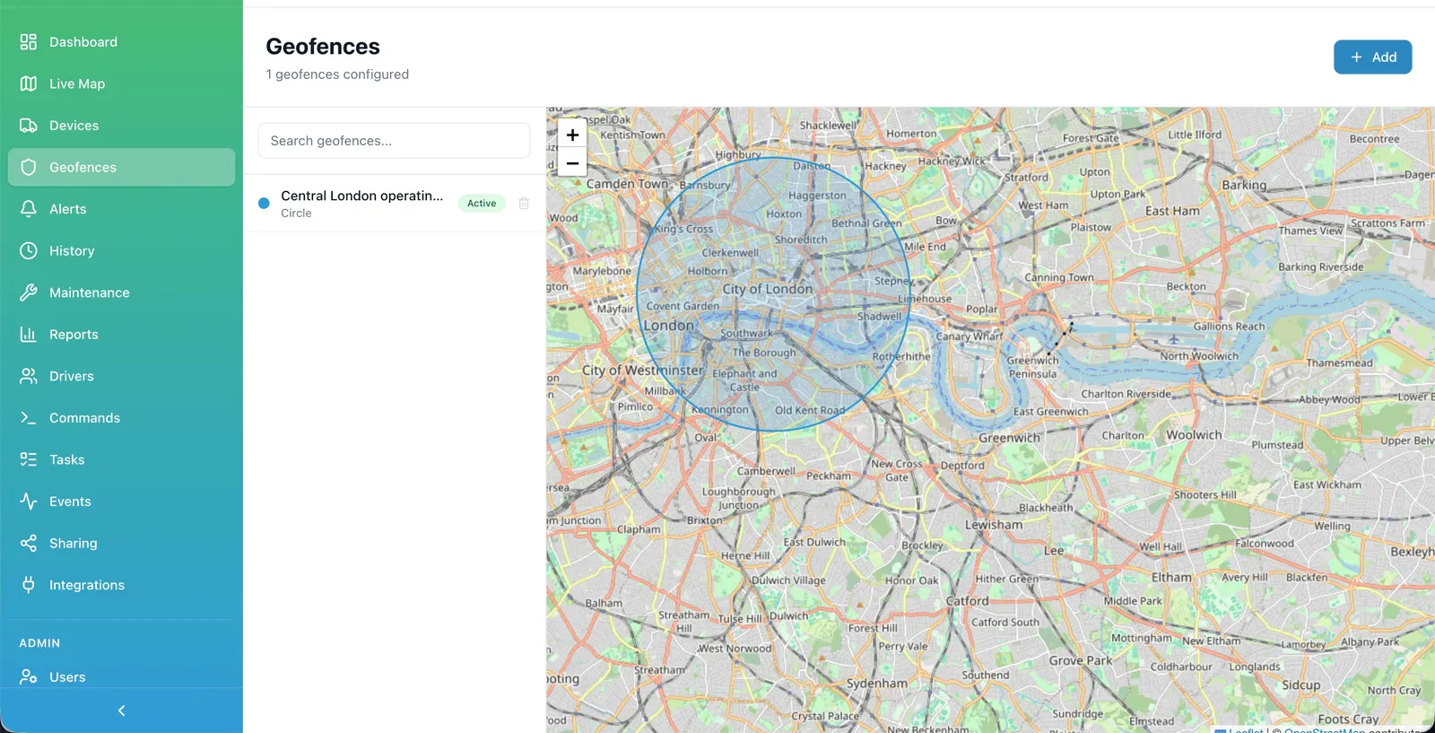 Geofences in the Moon platform: the Central London operating zone, a 3.4 km circle drawn over central London on the map, listed as an active circular geofence in the panel on the left.