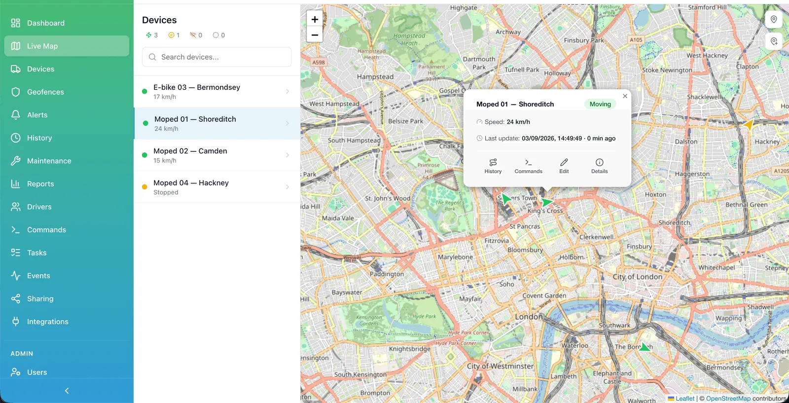 Moon platform live map: four demo vehicles listed in the side panel with their state and current speed in km/h, and on the London map the popup for Moped 01 — Shoreditch showing it moving at 24 km/h with its last update time and shortcuts to history, commands, edit and details.