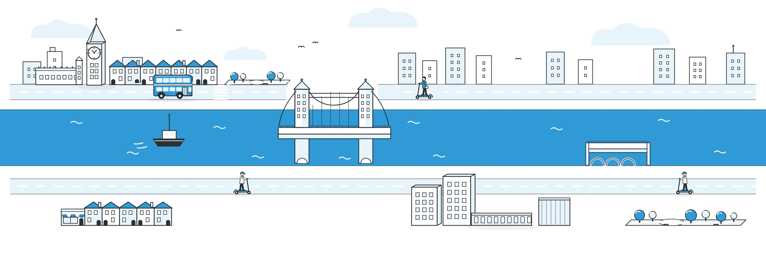 Isometric line drawing of London: the suspension bridge over the river, with a moped crossing the road beside it.