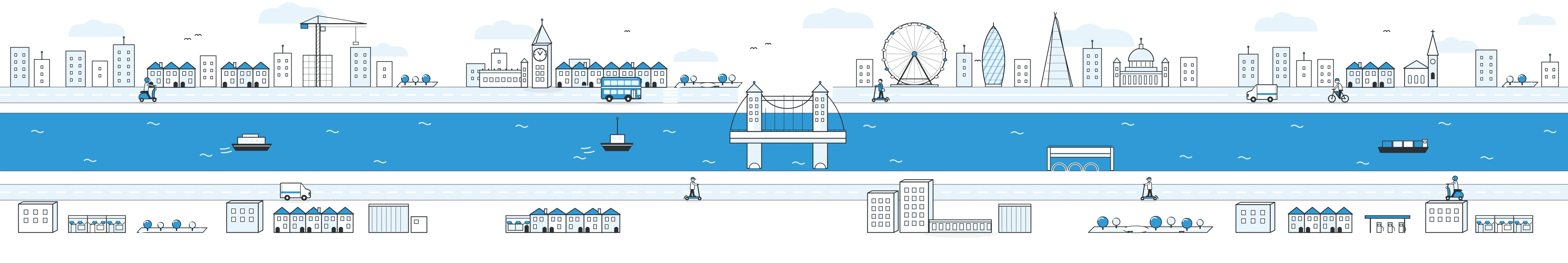 Isometric line drawing of London: terraced houses, a bus, office blocks and a suspension bridge over the river.