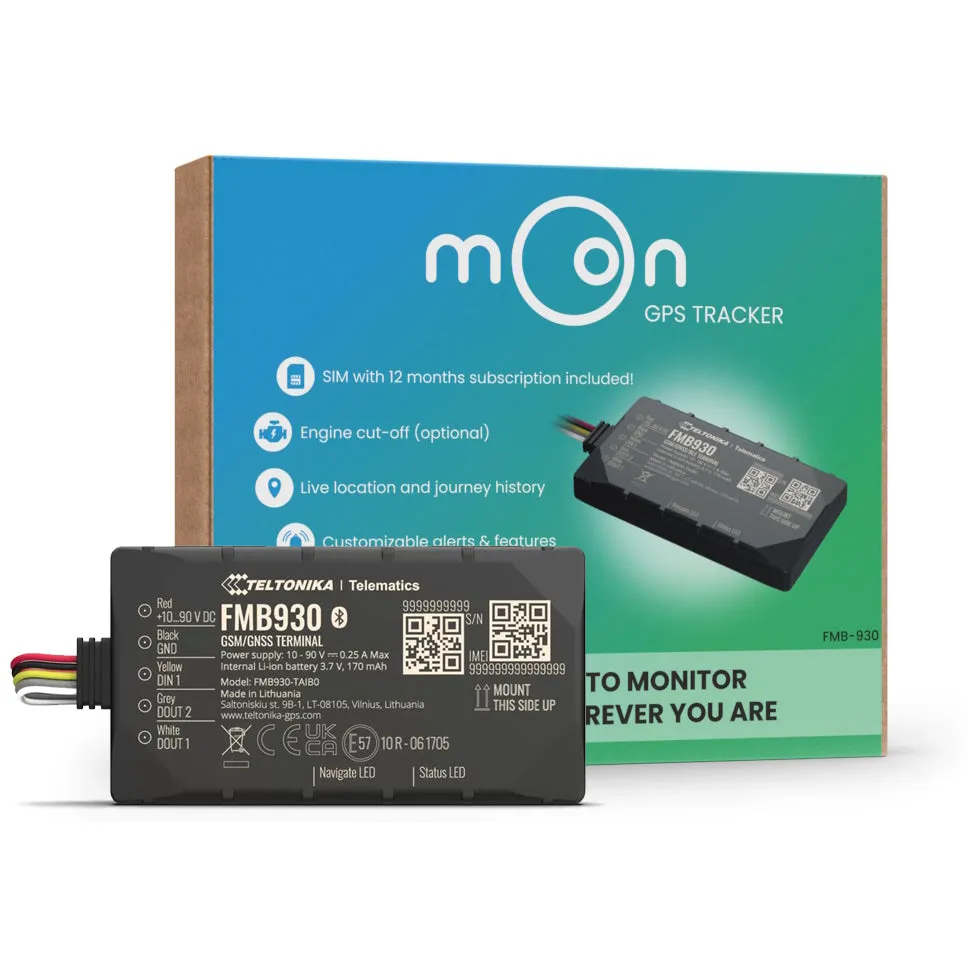 Moon Tracker GPS-FMB930: a black Teltonika GPS tracker with its wiring harness, next to the Moon GPS Tracker retail box.