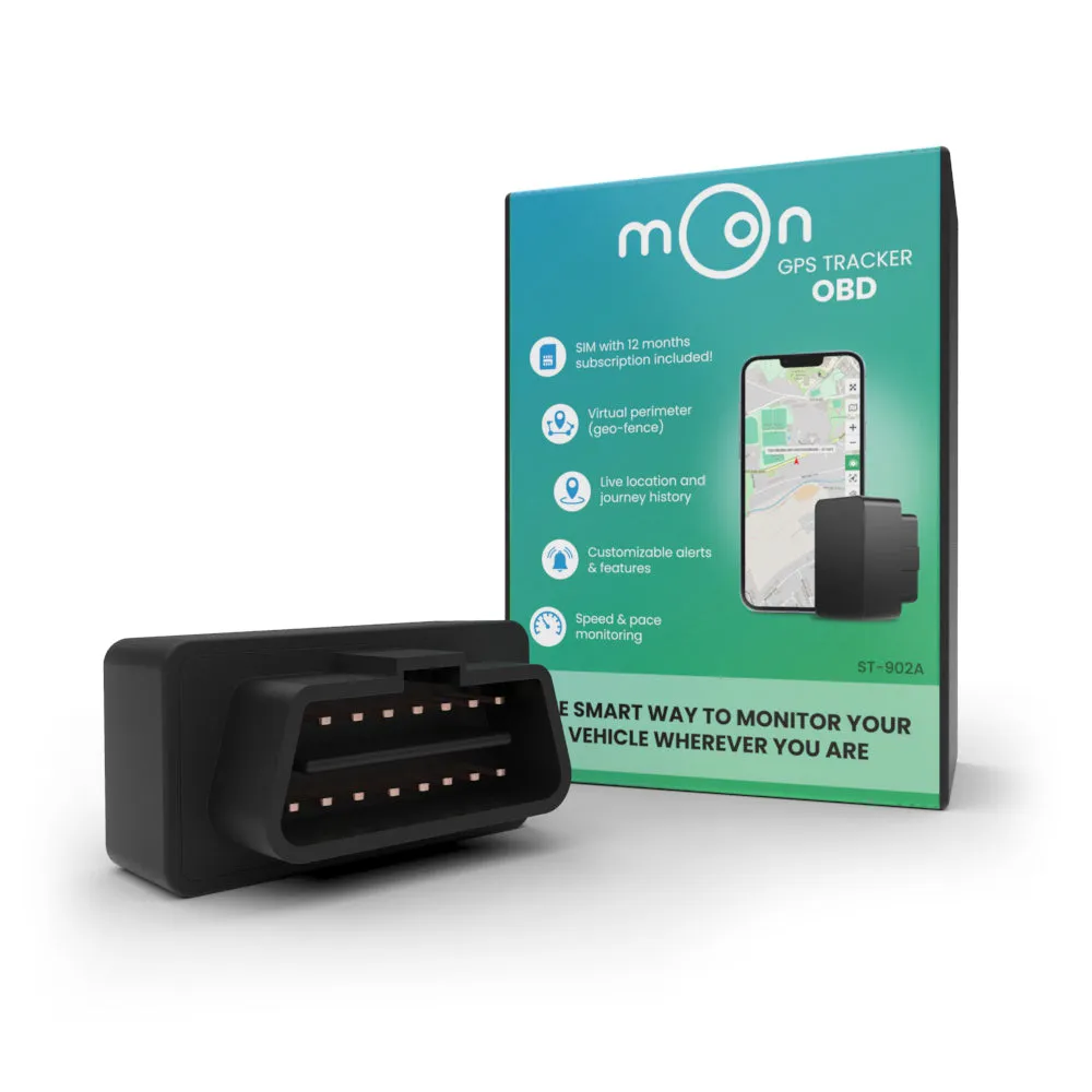 Moon Tracker OBD ST-902A: a black plug-in GPS tracker with its OBD connector, next to the Moon GPS Tracker OBD retail box.